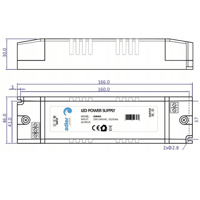 Rysunek techniczny zasilacza meblowego ADM6012 marki Adler